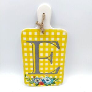 Monogram Cheese Board Initial “E”  Ceramic Checkered Plaid Floral Country Decor